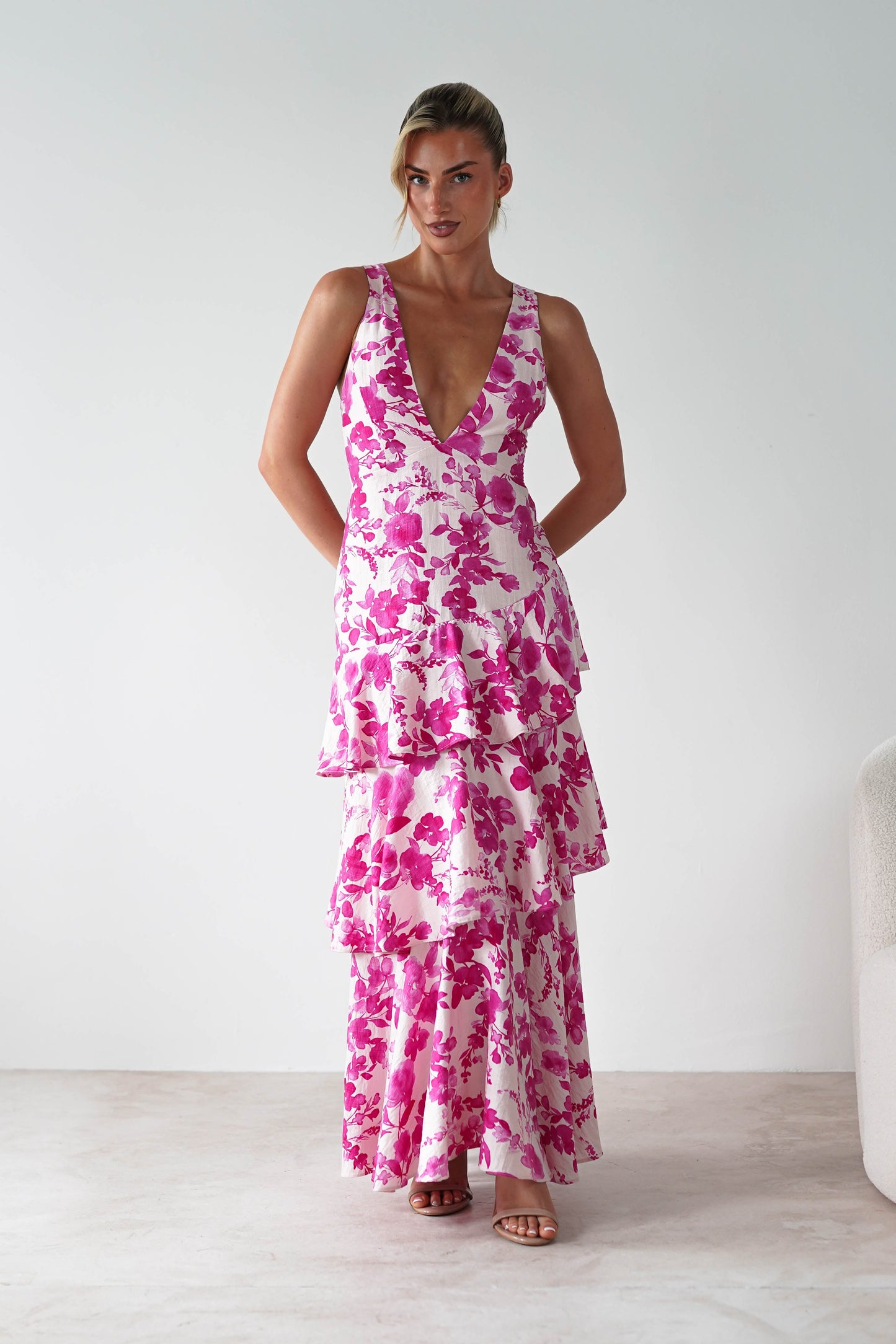 Varana Floral Ruffle Maxi Dress | Pink