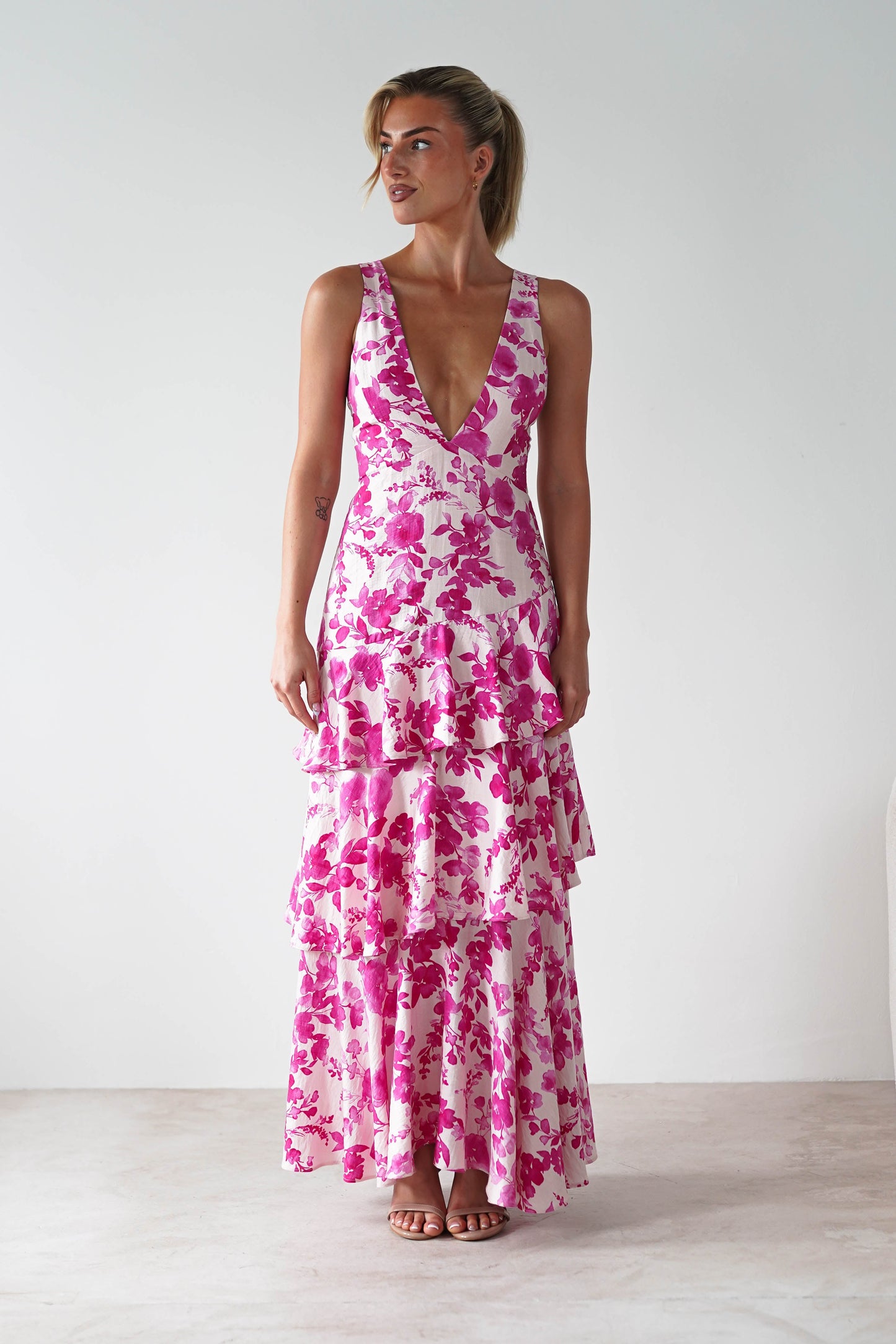 Varana Floral Ruffle Maxi Dress | Pink
