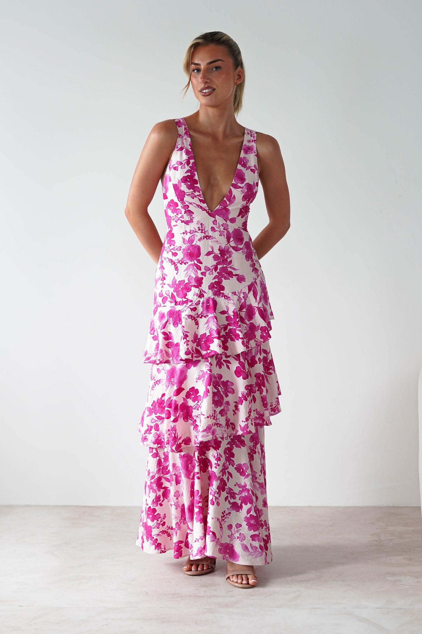 Varana Floral Ruffle Maxi Dress | Pink