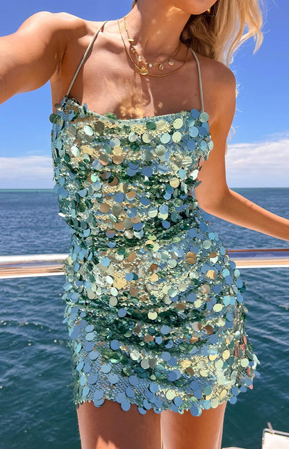 Come And Get It Aqua Sequin Party Mini Dress