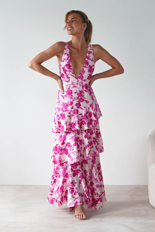 Varana Floral Ruffle Maxi Dress | Pink