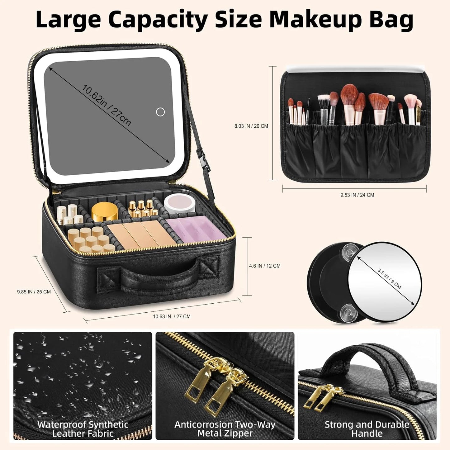 LumiBag™ - Makeup Bag With LED Mirror + Portable Brush Case + Removable Mini Magnifying Mirror