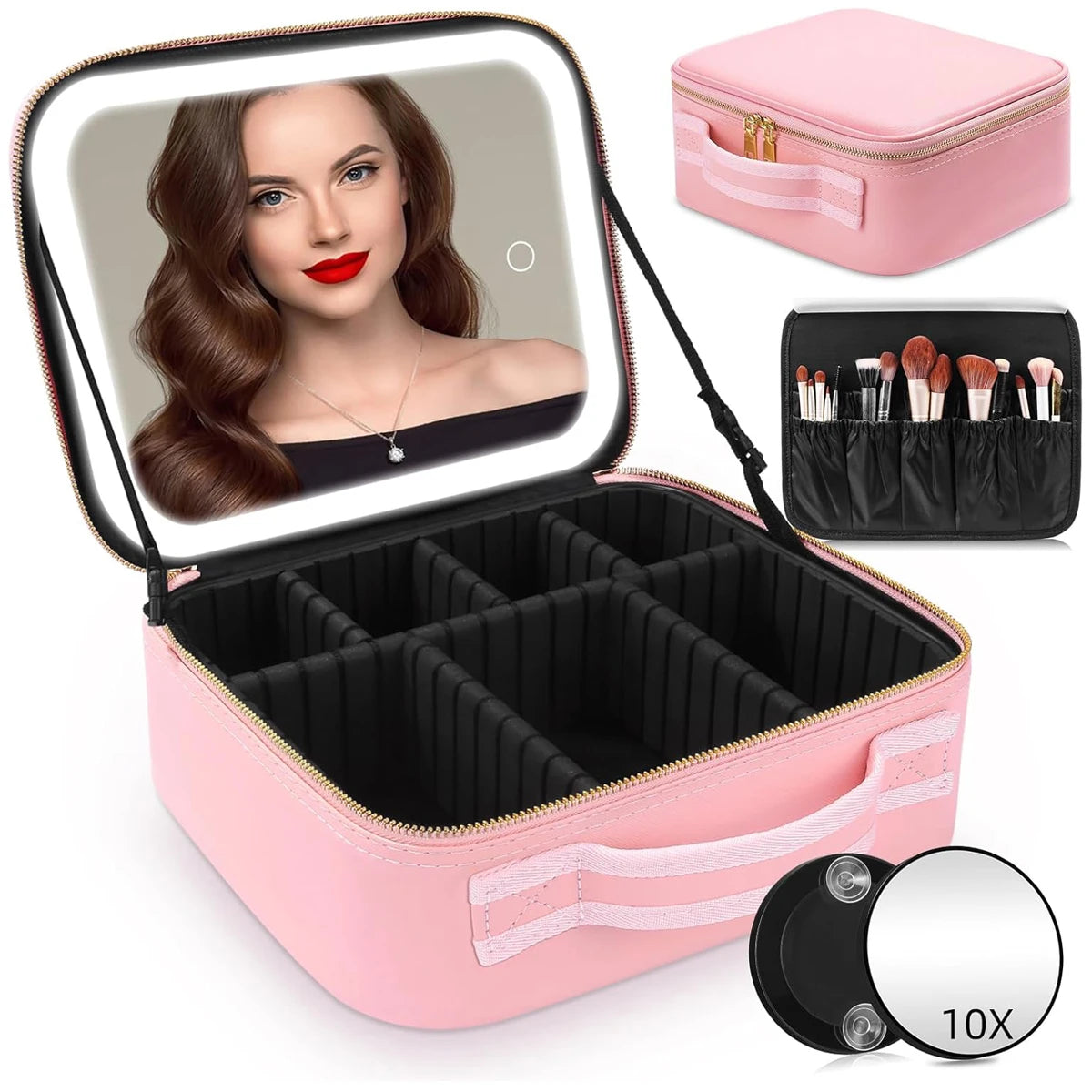 LumiBag™ - Makeup Bag With LED Mirror + Portable Brush Case + Removable Mini Magnifying Mirror