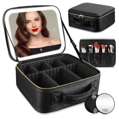 LumiBag™ - Makeup Bag With LED Mirror + Portable Brush Case + Removable Mini Magnifying Mirror